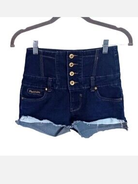 High Rise Waisted Dark Wash Denim Button Fly Stretchy Cut off Jean Shorts 8